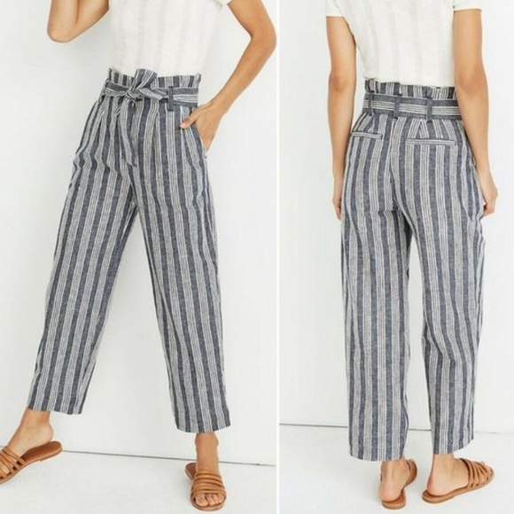 Madewell Pants - Madewell Linen Blend Paperbag Pants Tapered Leg Deep Indigo Blue White Stripe 6